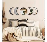 Shanrya 5PCS Acrylic Moonphase Design Mirrors, Wooden Frame, Black, Bohemian Wall Decor, Indoor Use