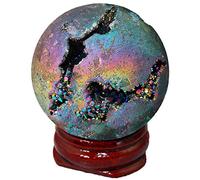 Shanxing 40mm Titanium Coated Natural Agate Geode Crystal Sphere Ball Specimen with Wooden Stand, Rainbow Druzy Quartz Stone Sphere Gift Ornament for Room Office Decor Good Luck Chakra Meditation