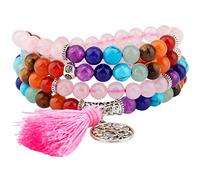 Shanxing 6mm Rose Quartz & Chakra Crystal 108 Prayer Beads Mala Wrap Bracelet for Women, Pink Worry Beads Decorative Healing Crystal Bracelet Jewellery Gift Buddha Reiki Meditation Stone Necklace