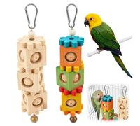 shaojian 2Pcs Bird Chew Toy for Beak Grinding, Hanging Rotating Wood Block with Bell, Parrot Foraging Enrichment Toy for Small to Medium Cocktiel Conure Caique