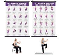 shaojian 2Pcs Tai Chi Chair Workout Chart Poster, Portable Tai Chi Walking Workout Guide Poster Senior Home Exercise Chart Balance and Flexibility Training for Seniors Beginners Wall Decor