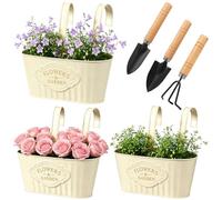 shaojian 3 Pack Metal Hanging Plant Pot & 3-Piece Gardening Tools Set, Oval Balcony Planter Over Fence Flower Pots with Removable Hooks, Vintage Railing Planter for Outdoor Garden(beige)