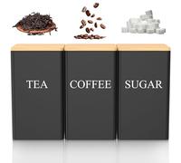 shaojian 3Pcs Coffee Tea Sugar Canisters 1000ML Black Metal Tea Coffee Sugar Canisters Set with Airtight Bamboo Lid and Name Marker, Simple Design Kitchen Food Storage Container (Black, Rectangle)