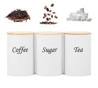 shaojian 3Pcs Coffee Tea Sugar Canisters 1000ML Black Metal Tea Coffee Sugar Canisters Set with Airtight Bamboo Lid and Name Marker, Simple Design Kitchen Food Storage Container (White, Cylinder)