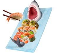 shaojian Sushi Plate Ceramic Shark-Shaped Sushi Serving Plate with Soy Sauce Holder 12.9 x 7.8 inch Rectangle Snack Cheese Board Creative 3D Hungry Shark Dinner Plates for Dessert Side Dishes
