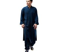Shaolin Monk Kung Fu Robe Costume Long Gown Meditation Suit Cotton Linen Overcoat Casual Kaftan Martial Arts Clothing (MF-170 Navy, XL)