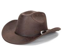 Shapeable Western Cowboy Hat for Men Women Felt Fedoras Cap Outback Cowgirl Jazz Hats with Belt Buckle M/L, Brown- Pu Leather, M