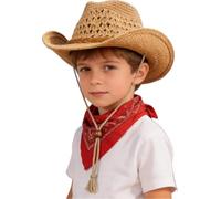 Shapeable Wide Brim Straw Hat Kids Sun Protection Cowboy Hats Spring Summer Anti UV Sun Hat Foldable Travel Beach Cap Western Cowgirl Bush Hats with Chin Strap for Boys Girls Age 3-6 (Kids Khaki)