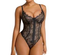 SHAPELLX Lace Bodysuit for Women Tummy Control Shapewear Backless Body Suits One Piece Body Shaper Thongs, Black, Large