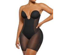 SHAPELLX Strapless Shapewear for Women Deep Plunge Corset Tummy Control Backless Bodysuit Mid Thigh Full Body Shaper, 01-black-standard Cup (B-d), Medium