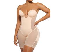 SHAPELLX Strapless Shapewear for Women Deep Plunge Corset Tummy Control Backless Bodysuit Mid Thigh Full Body Shaper, 02-beige-standard Cup (B-d), Large