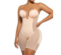 SHAPELLX Strapless Shapewear for Women Deep Plunge Corset Tummy Control Backless Bodysuit Mid Thigh Full Body Shaper, 04-beige-ample Cup(d+), Small