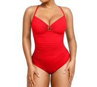 SHAPELLX Womens Swimsuits Tummy Control Bathing Suit Slimming One Piece U-Ring Shapewear Swimwear with Ruched Waist, Red, Large