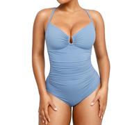 SHAPELLX Womens Swimsuits Tummy Control Bathing Suit Slimming One Piece U-Ring Shapewear Swimwear with Ruched Waist, Blue, XXXL