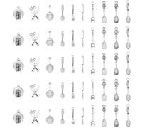 Shapenty 10 Styles Antique Silver Kitchen Tableware Fork Knife Pan Baking Cooking Charm Pendant Set for Earring Necklace Bracelet Keychain Jewelry Making Geocaching Fun Craft Supplies, 50PCS