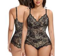 SHAPERIN Lace Bodysuit Shapewear Women Backless Body Shaping Tummy Control Leotard Jumpsuits Tops V Neck Body Shaper Top Black XL