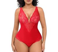 SHAPERIN Lace Bodysuit Shapewear Women Tummy Control Body Shaper Underwire Bra Deep V Neck Shaping Bodysuits Halterneck Body Suits Red XXL