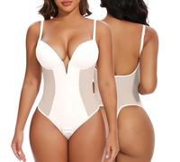 SHAPERIN Women Backless Body Shaper Tummy Control Thong Bodysuit Shapewear with Bra Deep V Neck Shaping Bodysuit, White, M