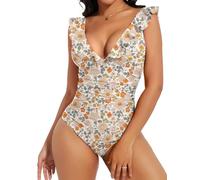 SHAPERIN Women Ruffle Swimsuit Deep V Neck Floral Swimwear One Piece Tummy Control Swimsuit Printed Monokini Bathing Suit, Yellow Flower, M