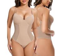 SHAPERIN Women’s Backless Shapewear Bodysuit Built-in Bra Body Shaper V Neck Shaping Bodysuits Push Up Tummy Control Shapewear Camisoles Beige L