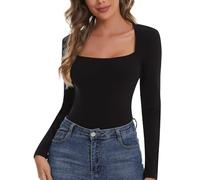 SHAPERIN Women’s Long Sleeve Tops Square Neck Top Plain Casual Shirts Base Layer Ribbed Tee Black 1# XXL