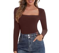 SHAPERIN Women’s Long Sleeve Tops Square Neck Top Plain Casual Shirts Base Layer Ribbed Tee Brown 1# Large