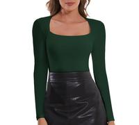SHAPERIN Women’s Long Sleeve Tops Square Neck Top Plain Casual Shirts Base Layer Ribbed Tee Green 1# XXL