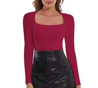 SHAPERIN Women’s Long Sleeve Tops Square Neck Top Plain Casual Shirts Base Layer Ribbed Tee Purple Red 1# XXL