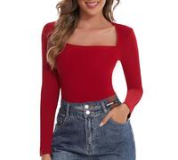 SHAPERIN Women’s Long Sleeve Tops Square Neck Top Plain Casual Shirts Base Layer Ribbed Tee Red 1# Large
