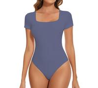 SHAPERIN Women Square Neck Bodysuit Thong Short Sleeve Ribbed Body Suit Top Solid Colour Tshirt, Haze Blue, XL