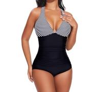 SHAPERIN Women Tummy Control Swimsuit Striped Sexy V Neck One Piece Monokini Colour Block Swimwear Body Shaping Swimming Costume, Stripe, XL
