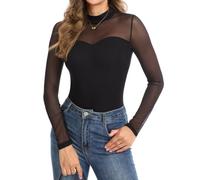 SHAPERIN Women Turtleneck Bodysuit Long Sleeve Sweetheart Top Mesh Blouse | Sheer Mesh Mock-neck Bodysuit Going Out Top for Party Club Daily Wedding Soft Leotard with Snap Crotch