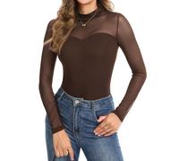 SHAPERIN Women Turtleneck Bodysuit Long Sleeve Sweetheart Top Mesh Blouse | Sheer Mesh Mock-neck Bodysuit Going Out Top for Party Club Daily Wedding Soft Leotard with Snap Crotch