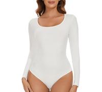 SHAPERIN Women's Bodysuit Round Neck Long Sleeve Body Suit Top Tanga Leotard Jumpsuit Tops Casual Bodysuits Going Out White L