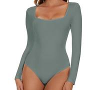 SHAPERIN Women's Bodysuit Square Neck Long Sleeve Body Suit Top Tanga Leotard Jumpsuit Tops Elegant Bodysuits Going Out Grey Green M