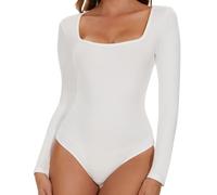 SHAPERIN Women's Bodysuit Square Neck Long Sleeve Body Suit Top Tanga Leotard Jumpsuit Tops Elegant Bodysuits Going Out White Small