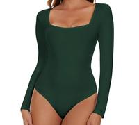 SHAPERIN Women's Bodysuit Square Neck Long Sleeve Body Suit Top Tanga Leotard Jumpsuit Tops Elegant Bodysuits Going Out Dark Green XL