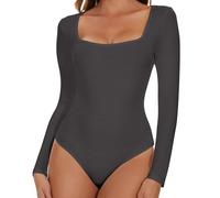 SHAPERIN Women's Bodysuit Square Neck Long Sleeve Body Suit Top Tanga Leotard Jumpsuit Tops Elegant Bodysuits Going Out Dark Grey S