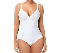 SHAPERIN Women's Lace Bodysuit Tummy Control V-Neck Thong Shapewear | Adjustable Shoulder Straps Body Shaper Stretchy Shaping Bodysuit for Daily Party Wedding Low Back Compression Leotard