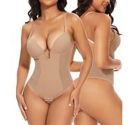 SHAPERIN Women's Low Back Shapewear U Plunge Tummy Control Body Shaper Built in Bra Shapewear Bodysuit Thong Wedding Beige M