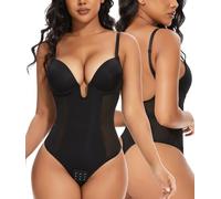 SHAPERIN Women's Low Back Shapewear U Plunge Tummy Control Body Shaper Built in Bra Shapewear Bodysuit Thong Wedding Body Shaping Black M