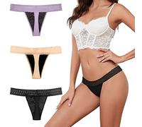 shaperisfree Sexy Period Underwear, Leak Proof Period Thongs for Women, Cotton Absorbent Period Panties Lace Bikinis, Black/Apricot/Purple-3pack, XL