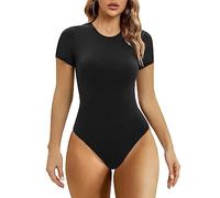 SHAPERX Body-Hugging Bodysuit for Women Short Sleeve High Stretch Leotard Top Thong Jumpsuit Crew Neck, UK-SZ5249-2-Black-S