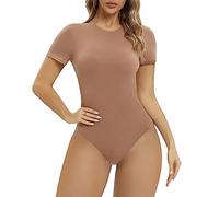 SHAPERX Body-Hugging Bodysuit for Women Short Sleeve High Stretch Leotard Top Thong Jumpsuit Crew Neck, UK-SZ5249-2-Sienna-XL
