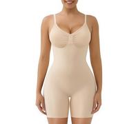 SHAPERX Body Shaper for Women Mid Thigh Shapewear Seamless Compression Bodysuit with Removable Pads, UK-SZ5468-Beige-S/M-Plus