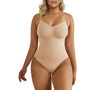 SHAPERX Bodysuit for Women Seamless Body Shaper Tummy Control Shapewear Thong Adjustable Strap, UK-SZ5215-Beige-XXS/XS