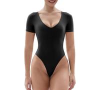 SHAPERX Bodysuit for Women Short Sleeve V Neck Fit Everybody T-shirt Tops with Thong, UK-SZ5410-Black-XL