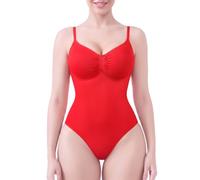 SHAPERX Bodysuit Shapewear for Women Tummy Control Seamless Body Shaper Thong Adjustable Strap, UK-SZ5215-Red-2XL/3XL