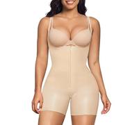 SHAPERX Women Shapewear Tummy Control Panel Bodysuit Bonded Seamless Faja Zip-Up Mid Thigh Body Shaper with Zipper Crotch, UK-SZ5876-Beige-XS