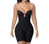 SHAPESHE Strapless Shapewear for Women Backless Bodysuit Tummy Control Built-in Bra Low Back Deep U Plunge Body Shaper, Black, Medium